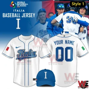 White Italia baseball jersey World Baseball Classic 2026 with blue cap and customizable name and number!