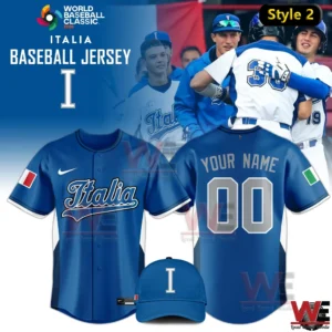 Blue Italia baseball jersey World Baseball Classic 2026 with matching cap and custom name and number!