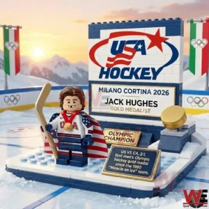 Brick built USA Hockey Milano Cortina 2026 display with a player figure and a Jack Hughes gold medalist sign on an ice rink.