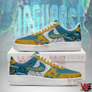 Teal gold and white Jacksonville Jaguars themed sneakers displayed on a box!