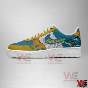 Side view of teal gold and white Jacksonville Jaguars themed sneaker!