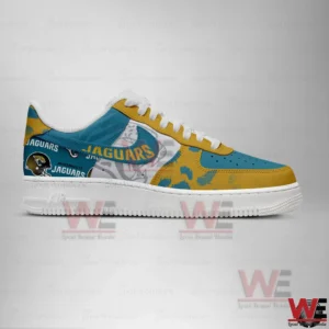 Opposite side view of teal gold and white Jacksonville Jaguars themed sneaker!