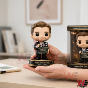 Stylized James Van Der Beek tribute figure on round base held in hand next to collector box!