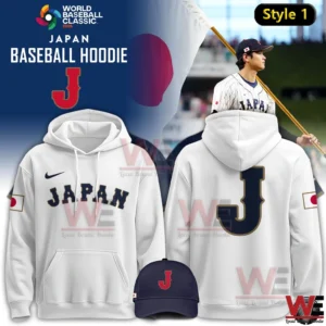 White Japan Baseball Hoodie World Baseball Classic 2026 with large J logo on back and Japan text on front.