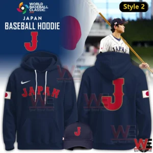 Navy Japan Baseball Hoodie World Baseball Classic 2026 with red J logo on back and Japan text on front.