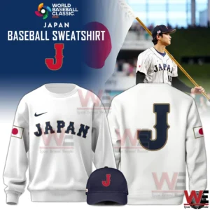 White Japan Baseball Sweatshirt World Baseball Classic 2026 with large J logo on back and Japan text on front.