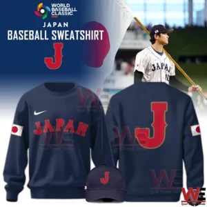 Navy Japan Baseball Sweatshirt World Baseball Classic 2026 with red J logo on back and Japan text on front.