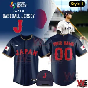 Navy Japan World Baseball Classic 2026 baseball jersey with customizable name and number and matching cap!