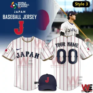 White pinstripe Japan World Baseball Classic 2026 jersey with customizable name and number and navy cap!