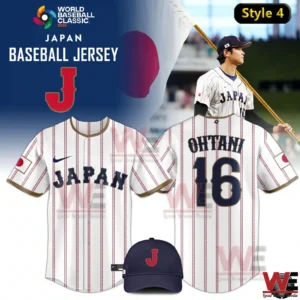 White pinstripe Japan World Baseball Classic 2026 jersey with Ohtani 16 and navy cap!