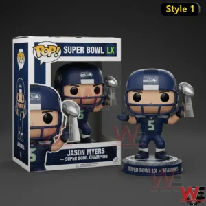 Football champion figure holding a Super Bowl trophy next to a display box!