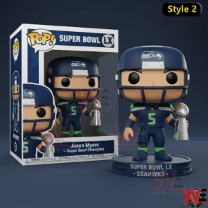 Football champion figure holding a Super Bowl trophy in front of box!
