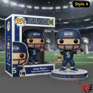 Football champion figure holding a Super Bowl trophy in a stadium setting!