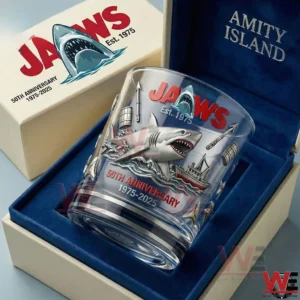 JAWS themed whiskey glass displayed in a presentation box!
