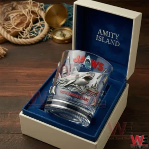 JAWS whiskey glass in an open box on a wooden table with nautical decor!