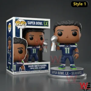 Seattle Seahawks Super Bowl LX champion figure holding a trophy beside a display box!