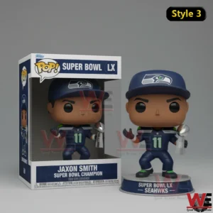 Seattle Seahawks Super Bowl LX champion figure wearing a team cap and holding a trophy!