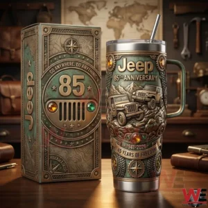 Jeep anniversary tumbler with decorative box in adventure themed style!
