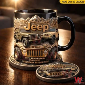 Jeep themed ceramic mug with raised off road vehicle design on a wooden table!
