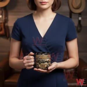 Woman holding a Jeep themed mug indoors showing the mug size and design!