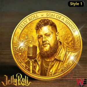 Gold commemorative coin showing Jelly Roll portrait with a microphone and musical design!