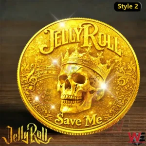 Jelly Roll Son of Sinner Commemorative Coin 4 Gold commemorative coin with a crowned skull musical symbols and Save Me theme!