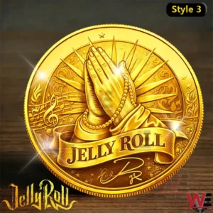Jelly Roll Son of Sinner Commemorative Coin 5 Gold commemorative coin featuring praying hands with musical and radiant details!