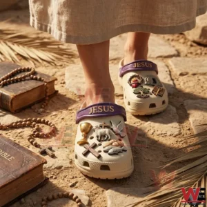 Jesus themed crocs worn outdoors on natural ground!