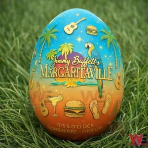 Colorful Margaritaville themed Easter egg with tropical icons placed on green grass!
