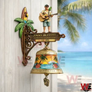 Tropical wall mounted bell with a Jimmy Buffett figure playing guitar and a parrot above a painted island scene bell!