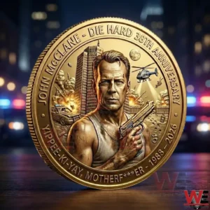 Gold commemorative coin featuring John McClane with explosions police cars and a helicopter in the background