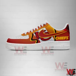 Side view of red yellow and white Kansas City Chiefs inspired sneakers with KC logo and Chiefs text!