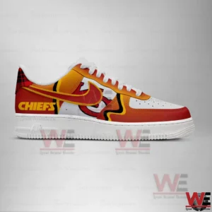 Opposite side view of red yellow and white Kansas City Chiefs inspired sneakers with bold team graphics!