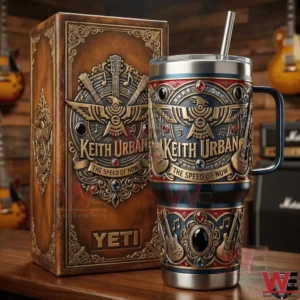 Keith Urban The Speed Of Now themed insulated tumbler beside a matching decorative box!