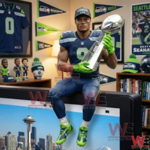 Seattle Seahawks football player figure holding a championship trophy in a decorated fan room!