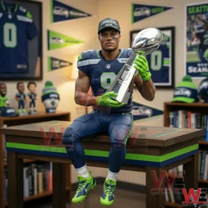 Seattle Seahawks champion figure sitting on a desk holding a silver trophy!