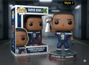 Football champion figure holding a Super Bowl trophy next to a display box!