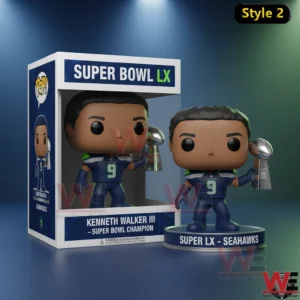 Football champion figure holding a Super Bowl trophy with display box!