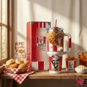 KFC tumbler on wooden table with fried chicken meal!