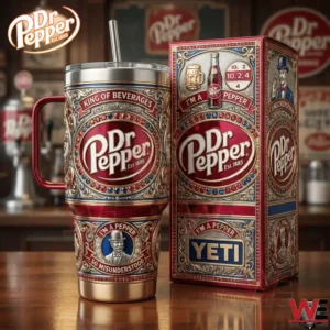 Vintage style Dr Pepper tumbler with decorative design next to branded box!