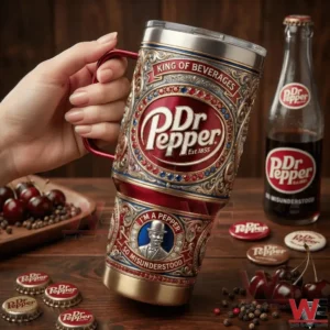 Hand holding a decorated Dr Pepper insulated tumbler!