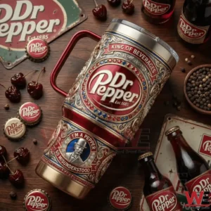Decorative Dr Pepper tumbler lying on wooden table with bottles!
