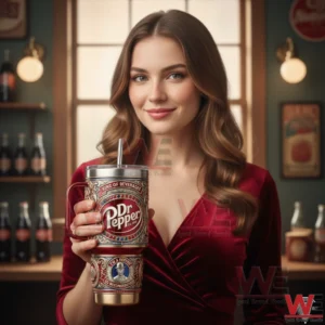 Woman holding a Dr Pepper insulated tumbler in vintage setting!