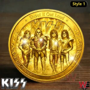 Gold style KISS coin with four band members standing together!