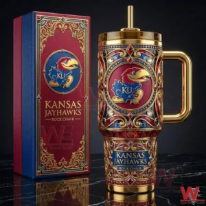 Kansas Jayhawks Rock Chalk tumbler with gold detailed design and handle!