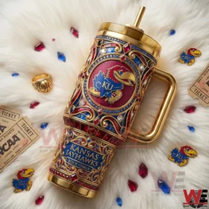 Kansas Jayhawks Rock Chalk tumbler with handle on decorative background!