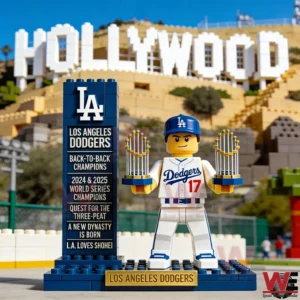 Brick built Los Angeles Dodgers player holding two trophies in front of Hollywood sign.
