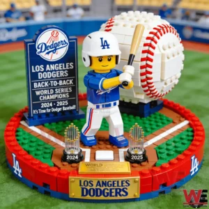 Brick built Los Angeles Dodgers player with large baseball and back to back World Series champions sign.