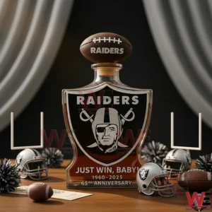 Las Vegas Raiders limited-edition 65th Anniversary Whiskey Decanter 3 Raiders themed whiskey decanter displayed with football helmets on a formal table!
