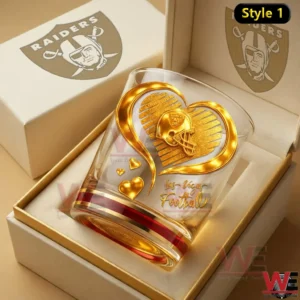 Las Vegas Raiders whiskey glass with gold heart and helmet in luxury gift box!